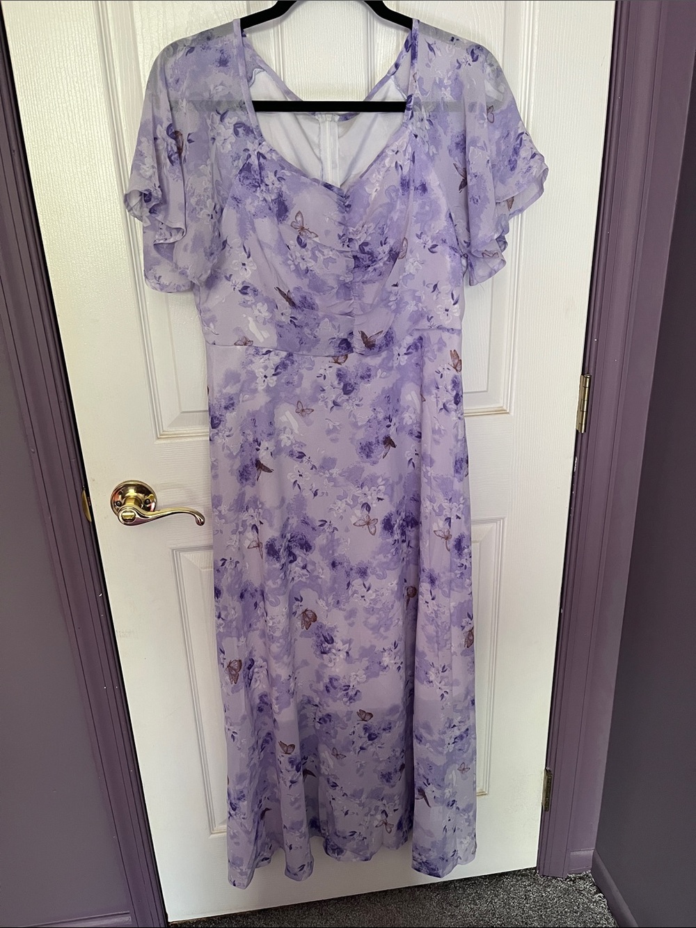 Lavender Floral Flutter-Sleeve Maxi Dress